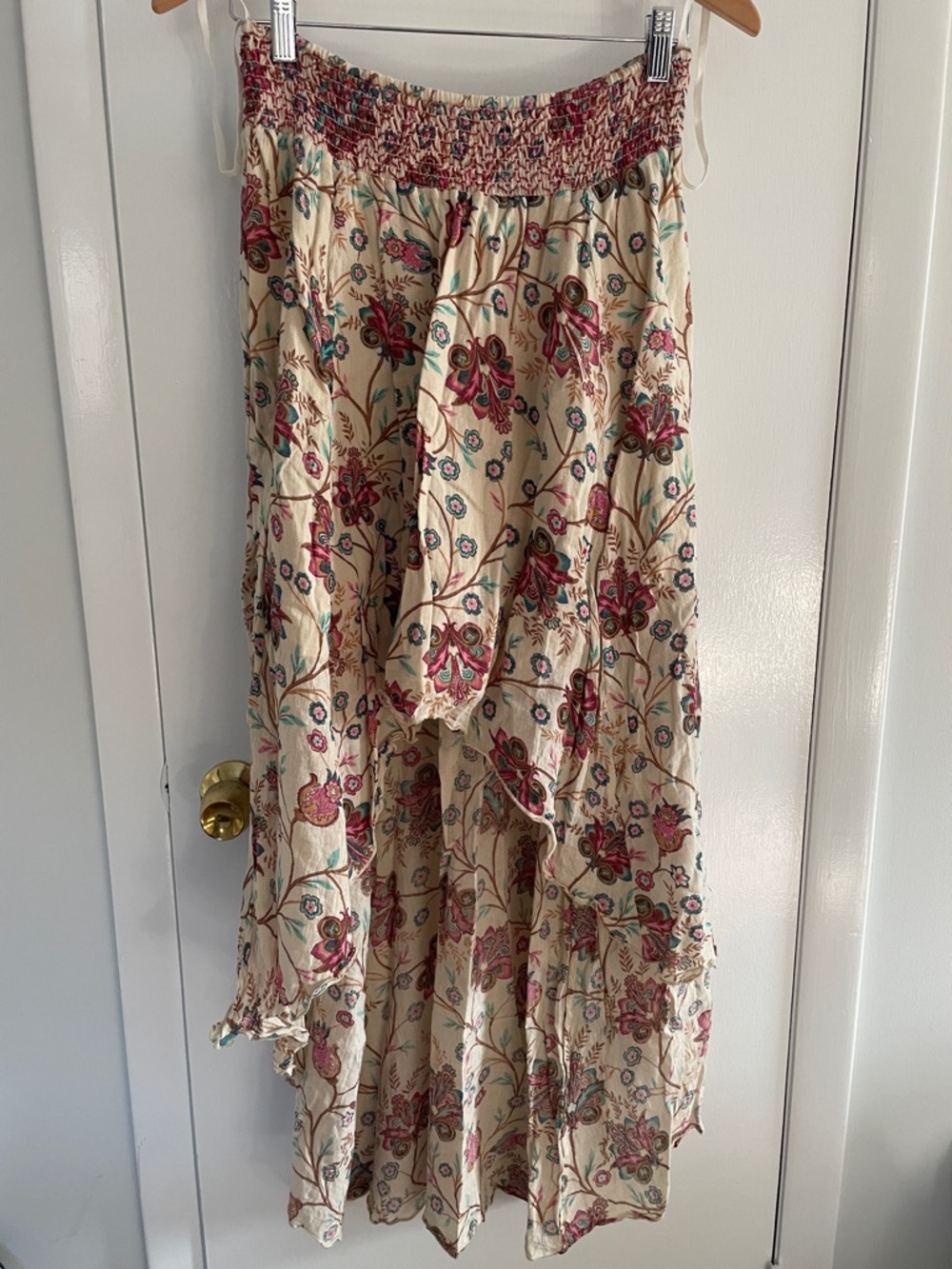 Denim & Supply Ralph Lauren Cream Floral High-Low Tiered Skirt with Pink Accents